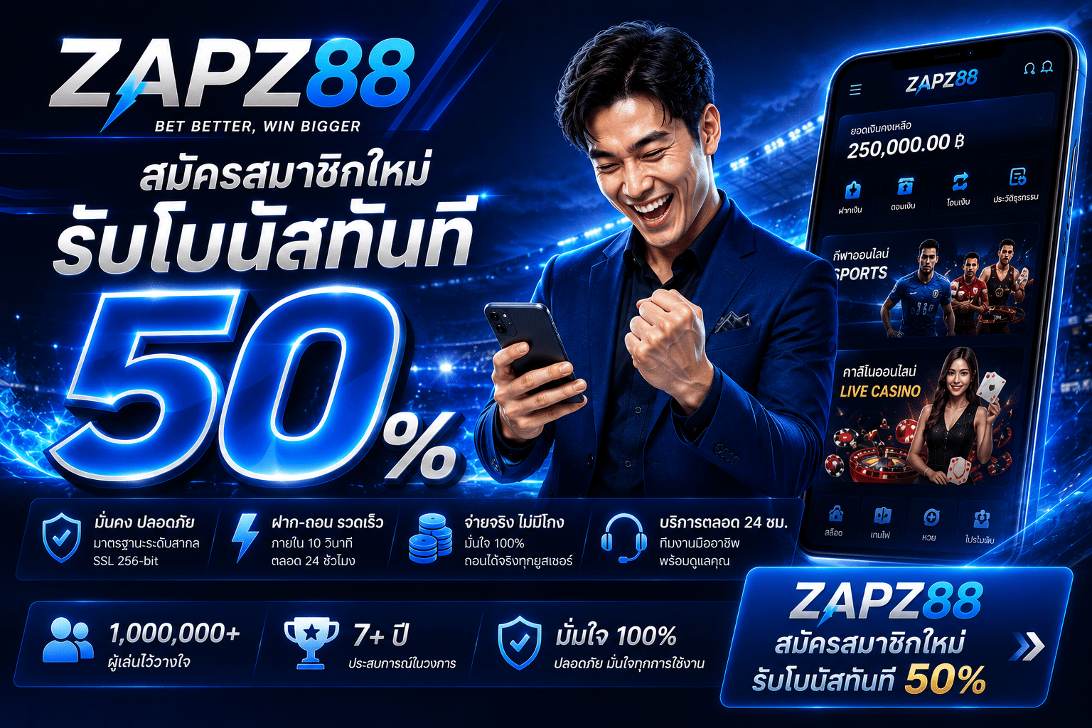 สมัครสมาชิกใหม่รับโบนัสทันที 50 %